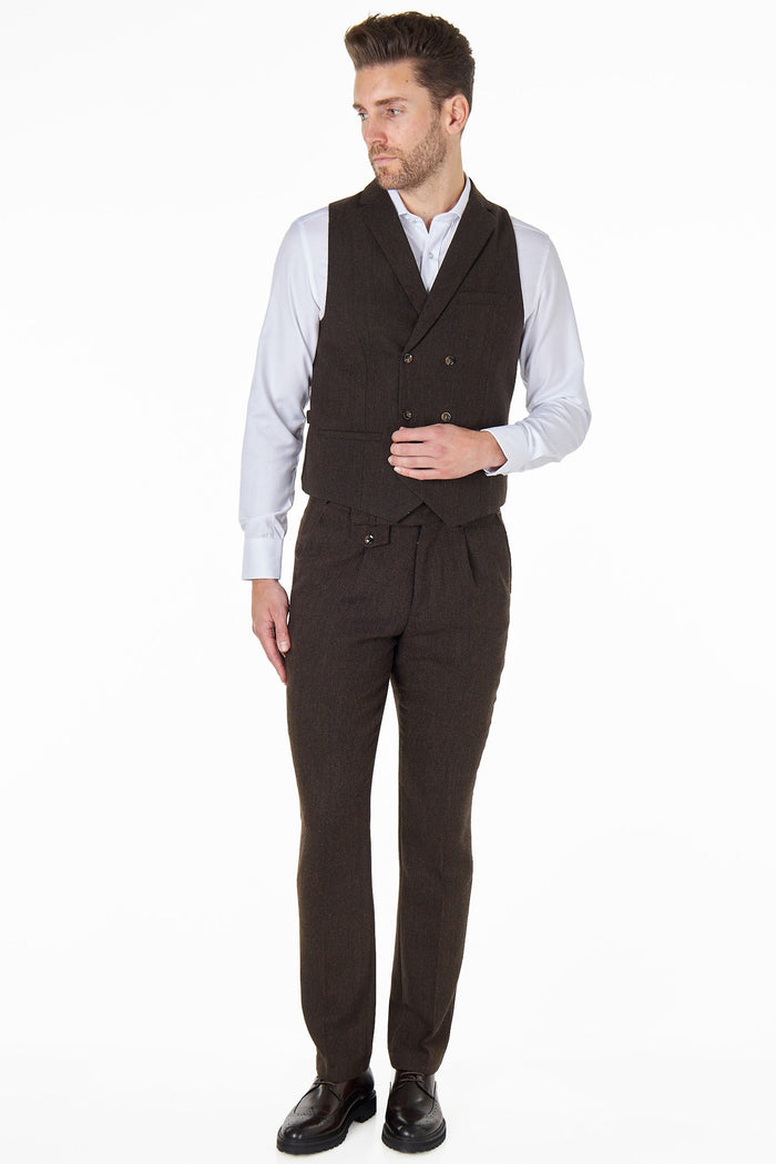 TYLER - HERRINGBONE TWEED DOUBLE BREASTED BROWN WAISTCOAT