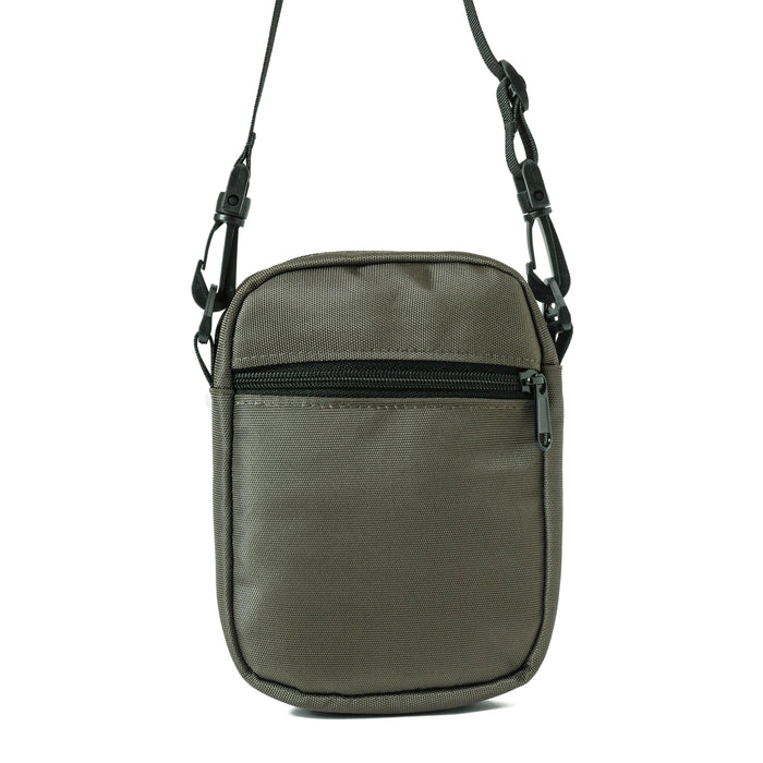 Olive green cross bag pouch with front zipper pocket and adjustable strap