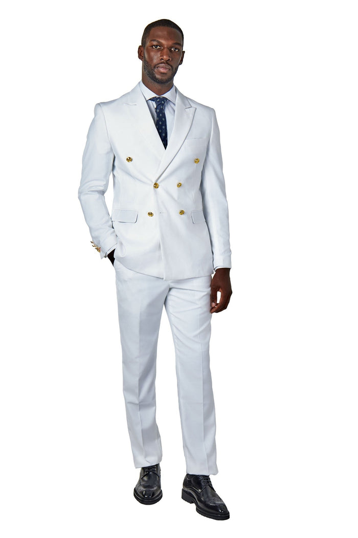 WHITE DOUBLE BREASTED TAILORED SUIT GOLD BUTTONS