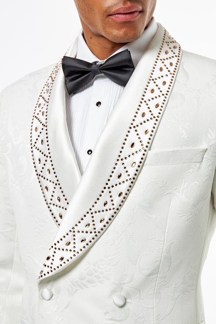 White Double Breasted Tuxedo Jacket Studded Shawl Lapel Jacquard Blazer