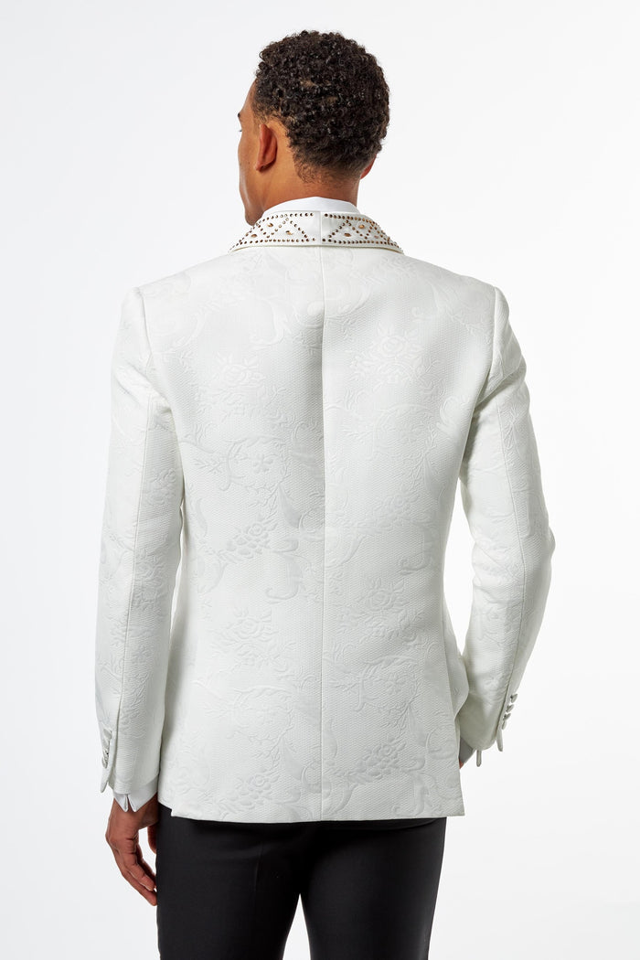 White Double Breasted Tuxedo Jacket Studded Shawl Lapel Jacquard Blazer