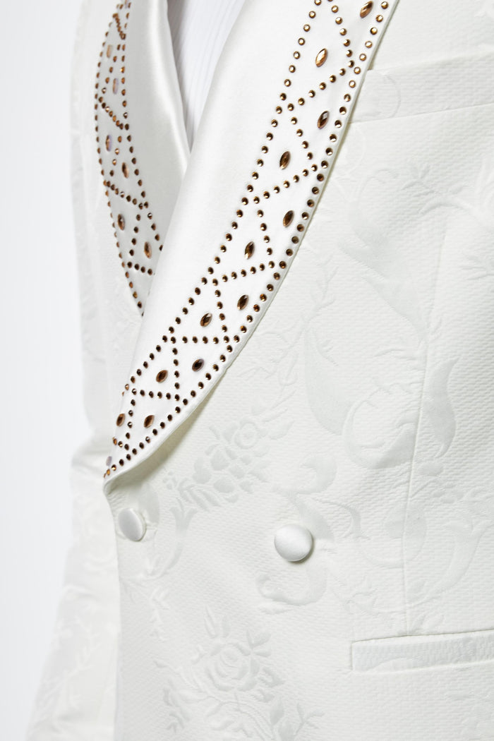 White Double Breasted Tuxedo Jacket Studded Shawl Lapel Jacquard Blazer