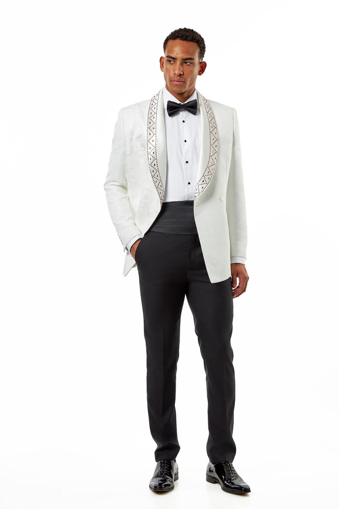 White Jacquard Double-Breasted Tuxedo Wedding Suit