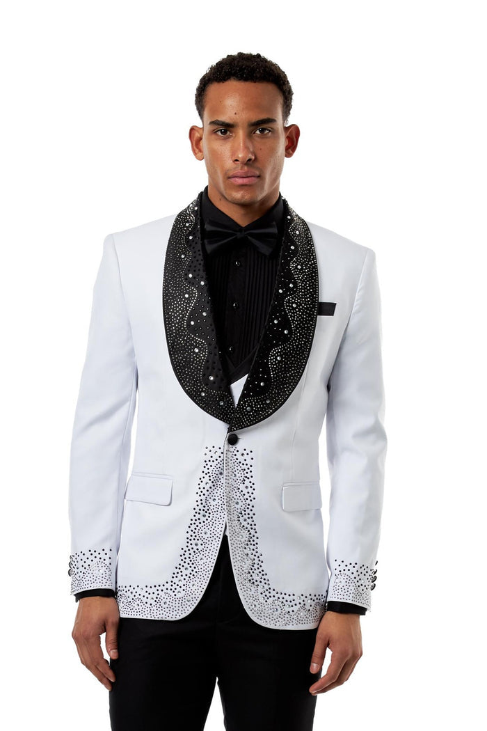 White Tuxedo Wedding Jacket Rhinestone Lapel