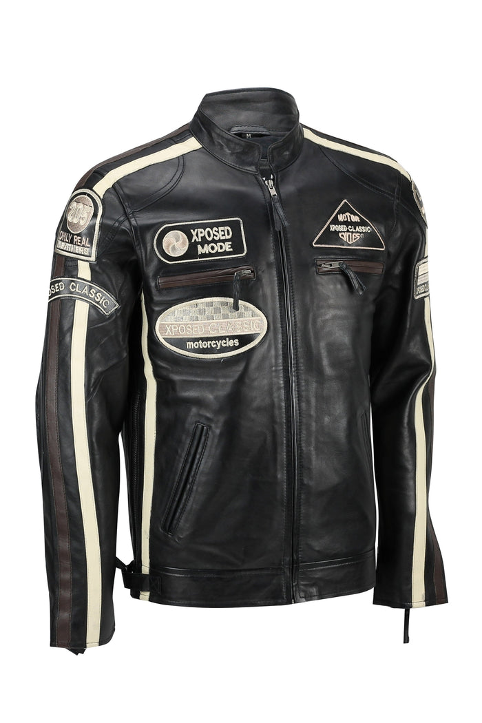 XPOSED REAL LEATHER BIKER SLIM FIT BLACK JACKET